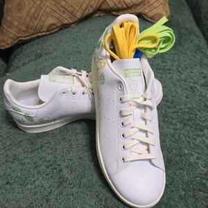 adidas White Stan Smith Sneakers with Green and Yellow Details